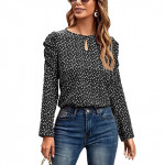 Women's Casual Floral dot Print Crochet Long Sleeve Blouses Summer Crew Neck Shirt Tunic Top