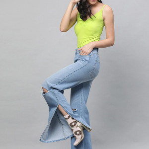 Women Blue Flared Mid-Rise Slash Knee Stretchable Jeans